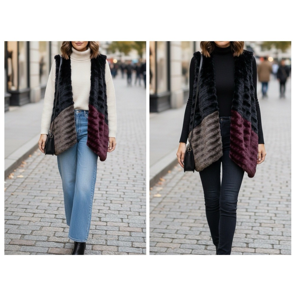 Multicolor Womens XS‎ Faux Fur Vest Super Soft Open Front Pockets Layer Mob Wife